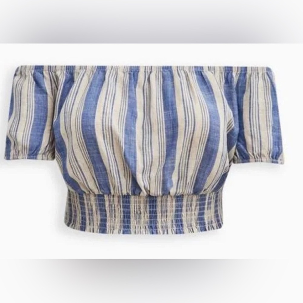 Linen Blend Smocked Waist Off-Shoulder Crop Top
